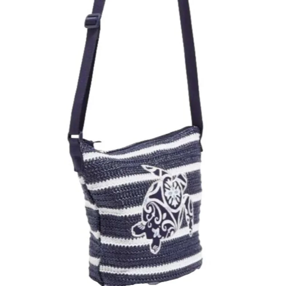 Vera Bradley Straw Bucket Crossbody Bag - Steel Blue Medallion w/Turtle NEW - Picture 4 of 8